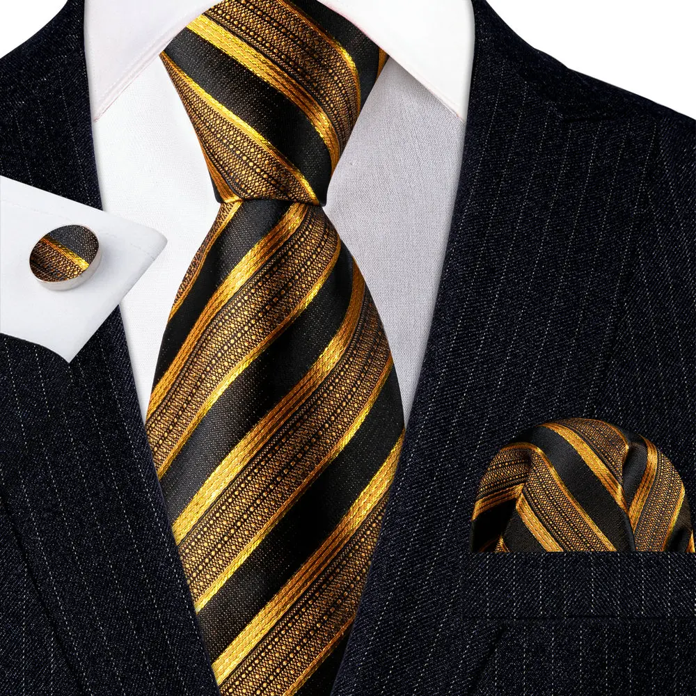 

70pcs Fashion Luxury Gold Striped 100% Silk Tie Gifts For Men Suit Wedding Tie Barry.Wang NeckTies Hanky Set Business LN-5702