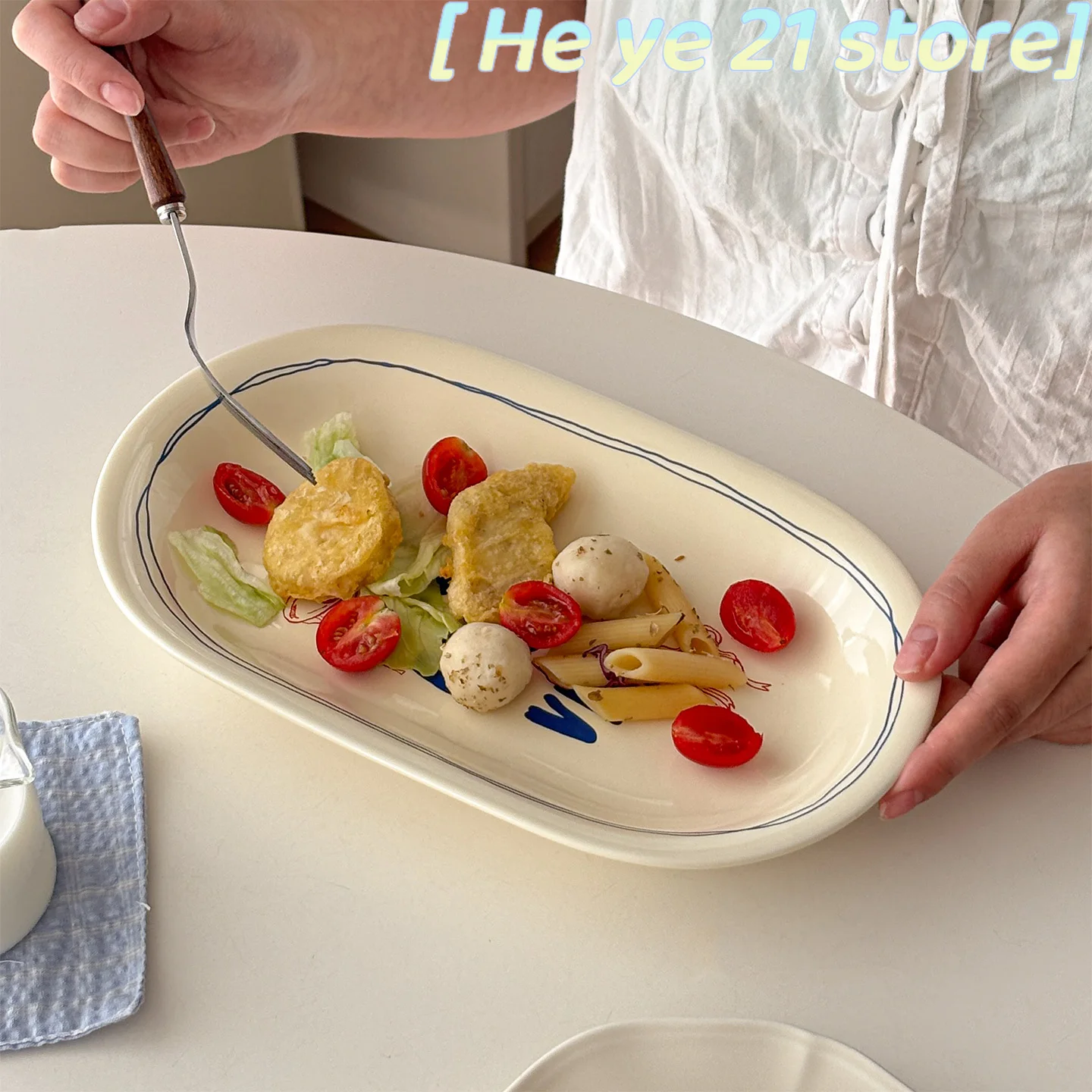 10 بوصة/Ins النمط الإيطالي طبق بيضاوي خمر زهرة مطبوعة أواني الطعام السيراميك السباغيتي أطباق لحم فرن الميكروويف الآمن #3