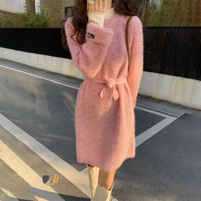 Dzianinowe sukienki damskie Solidne sznurowane A-line O-neck Midi Winter Korean Style Warm Sweet Lovely Chic Loose All-match 4 Colors S-3XL