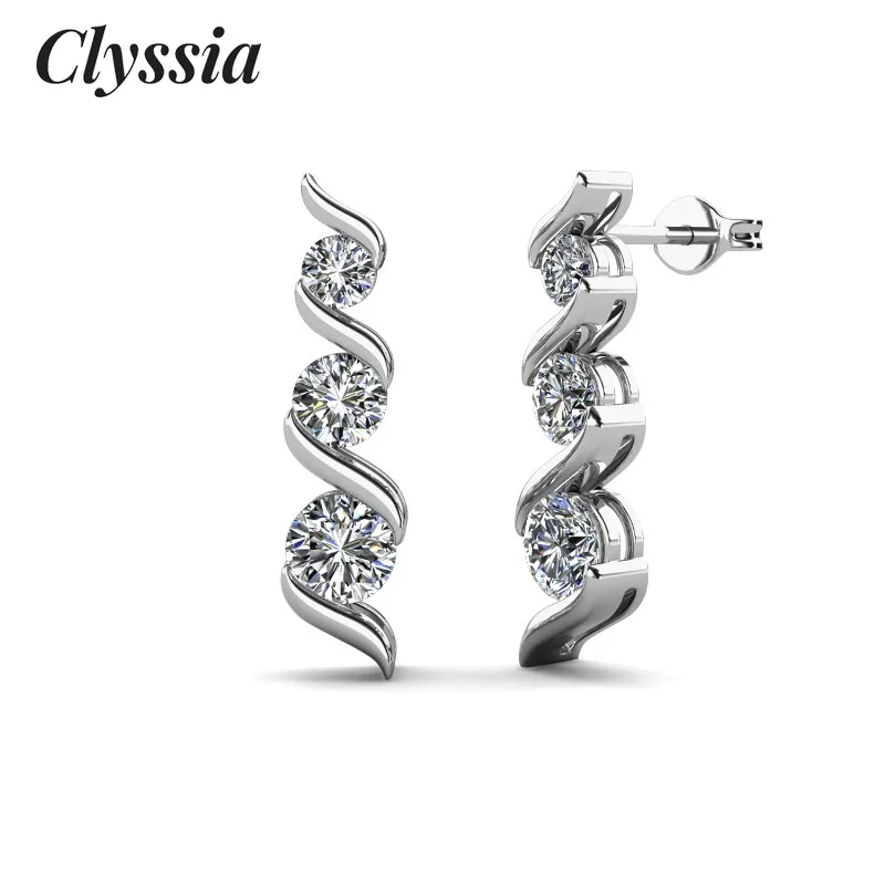 

CLYSSIA D VVS1 Moissanite Stud Earrings Spiral Design 925 Sterling Silver White Gold Plated for Women 3 Stone Jewelry with GRA