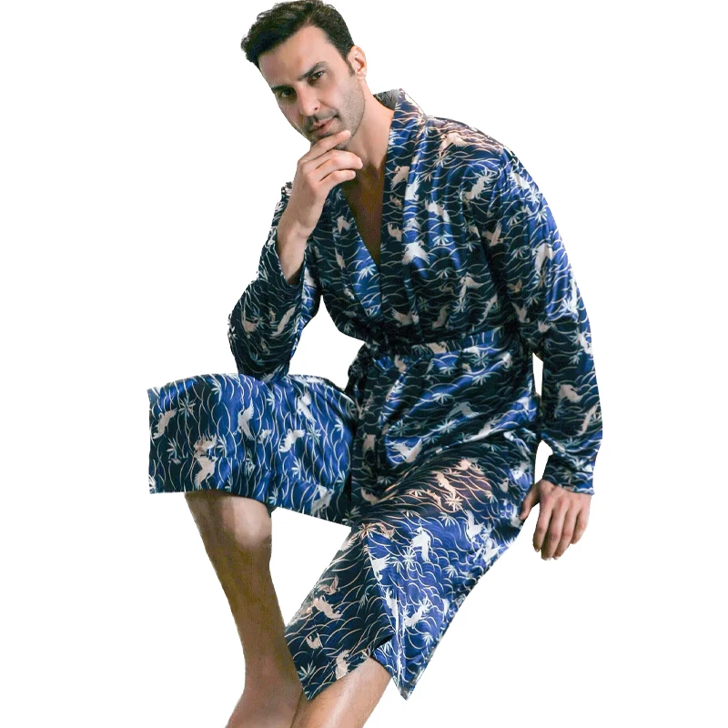 Pajama men\'s spring and autumn silk thin style oversized pajamas long sleeved bathrobes ice silk bathrobes home clothing summer