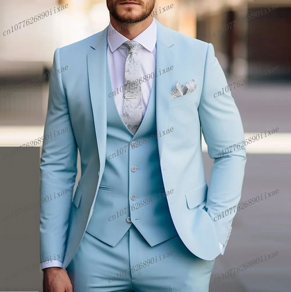 

Fashion New Formal Sky Blue Men Suit Groom Groomsman Wedding Party Prom Business Male Tuxedos 3 Piece Set Blazer Vest Pants