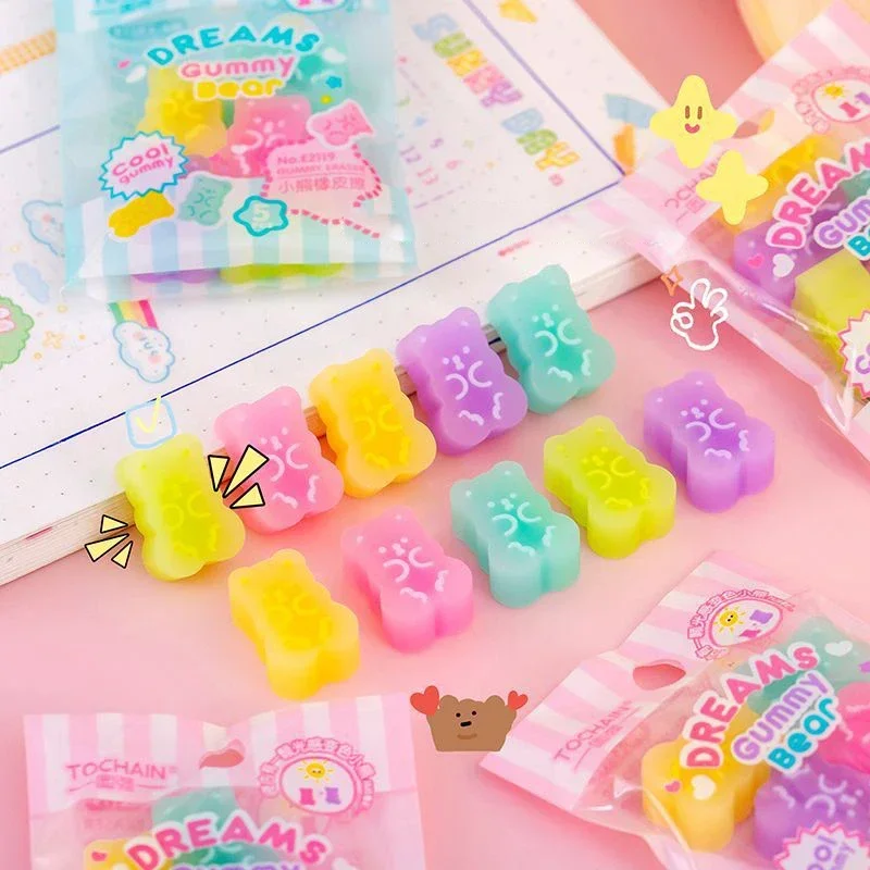 5/10pcs Jelly Color Erasers Kawaii Bear Pencil Rubber Erasers Students Writing Tools Korean Stationery School Office Supplies