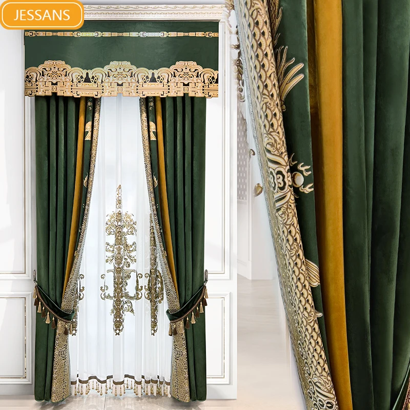 

High Grade Customized Green Jacquard Velvet Splicing Curtains for Living Room Bedroom French Window Balcony Window Valance