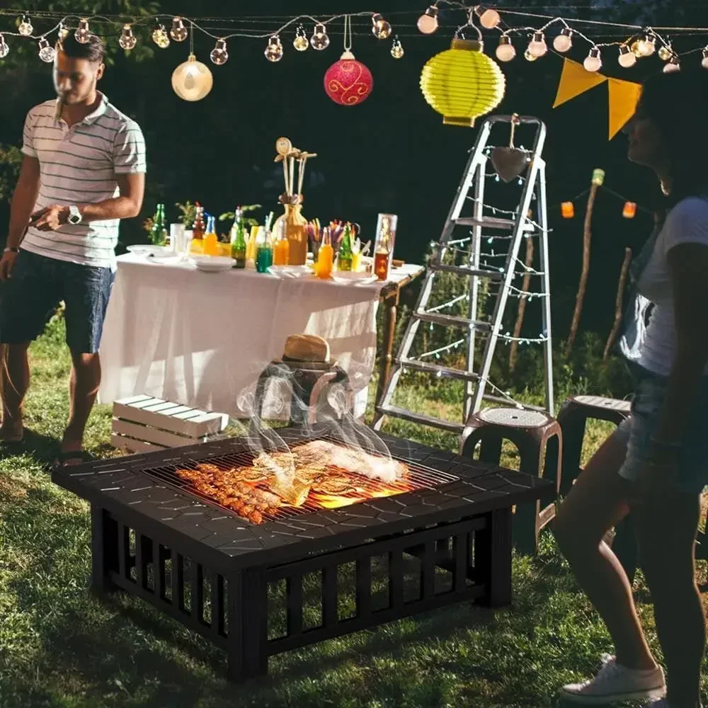 32-inch Square Metal Fire Pit Table for Outdoor Patio, Garden, and Camping, Ideal for Heating, Bonfires, and Picnics