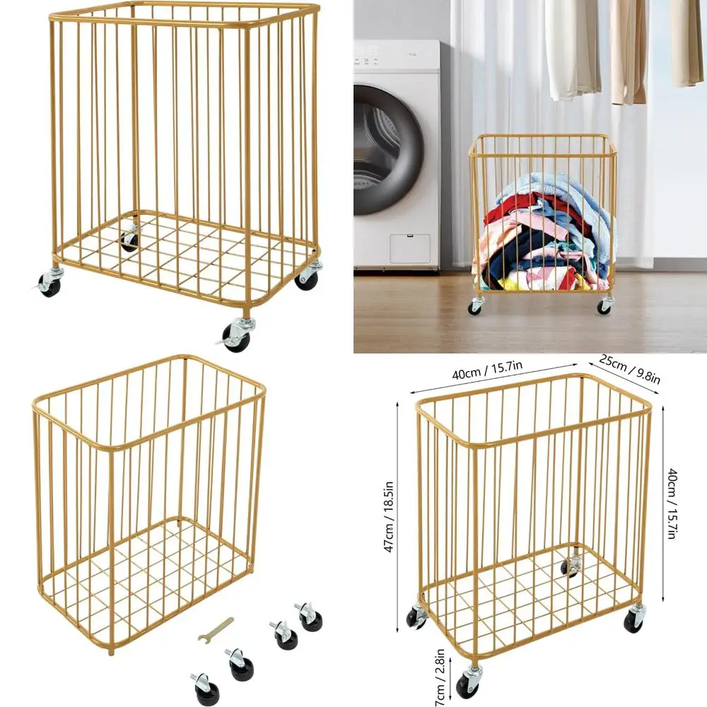 

Золотая металлическая корзина на колесиках для хранения вещей в прачечной и спальне