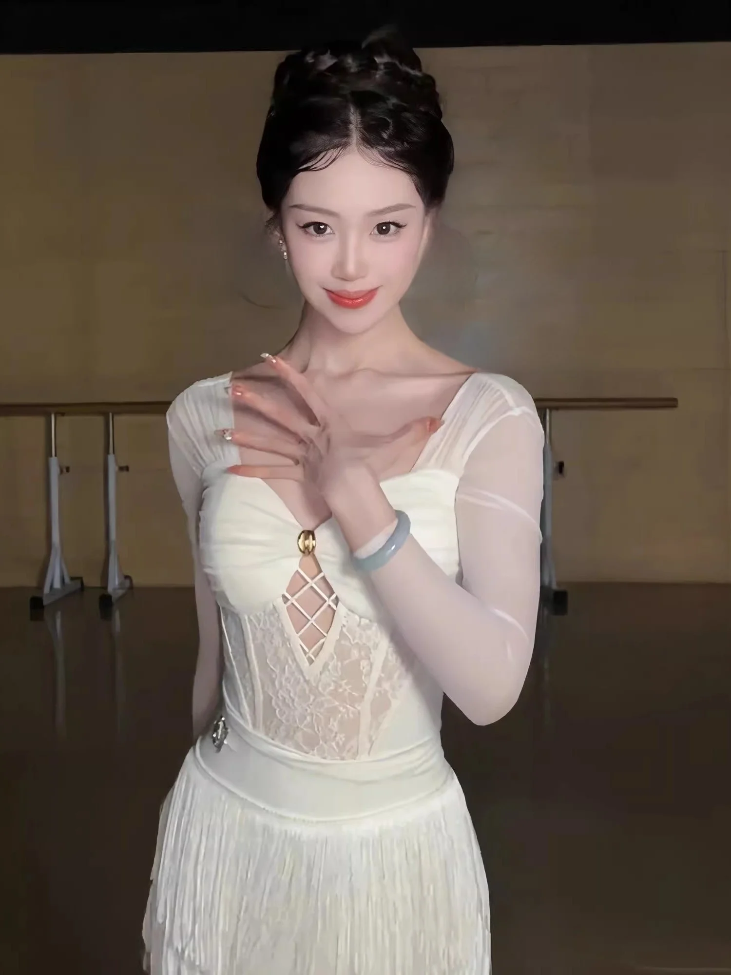 chuanzi-レディース-ラテンダンス衣装-レーストップスカートセット-大人用センセーション-ホワイトタッセルボーダーハーフスカート-ラテンダンススーツ