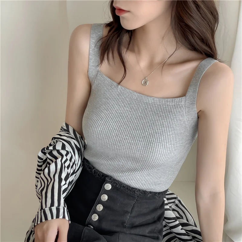 Camisola de primavera y verano para mujer, camisetas tejidas sin mangas, Tops cortos, chalecos informales ajustados elásticos para mujer, Jersey, camisola y camisetas sin mangas