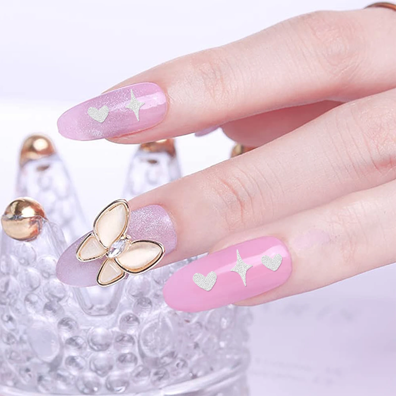 6 fogli di decalcomanie per unghie adesivi glitter argento adesivo per manicure a forma di cuore