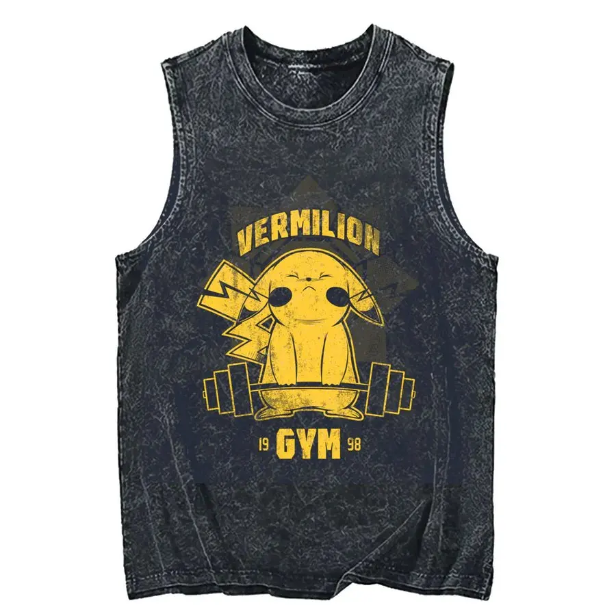 Camiseta sin mangas de algodón oversize estilo streetwear con estampado de culturismo 'Pikahuge' y lavado ácido de Pokémon Pikachu 2026
