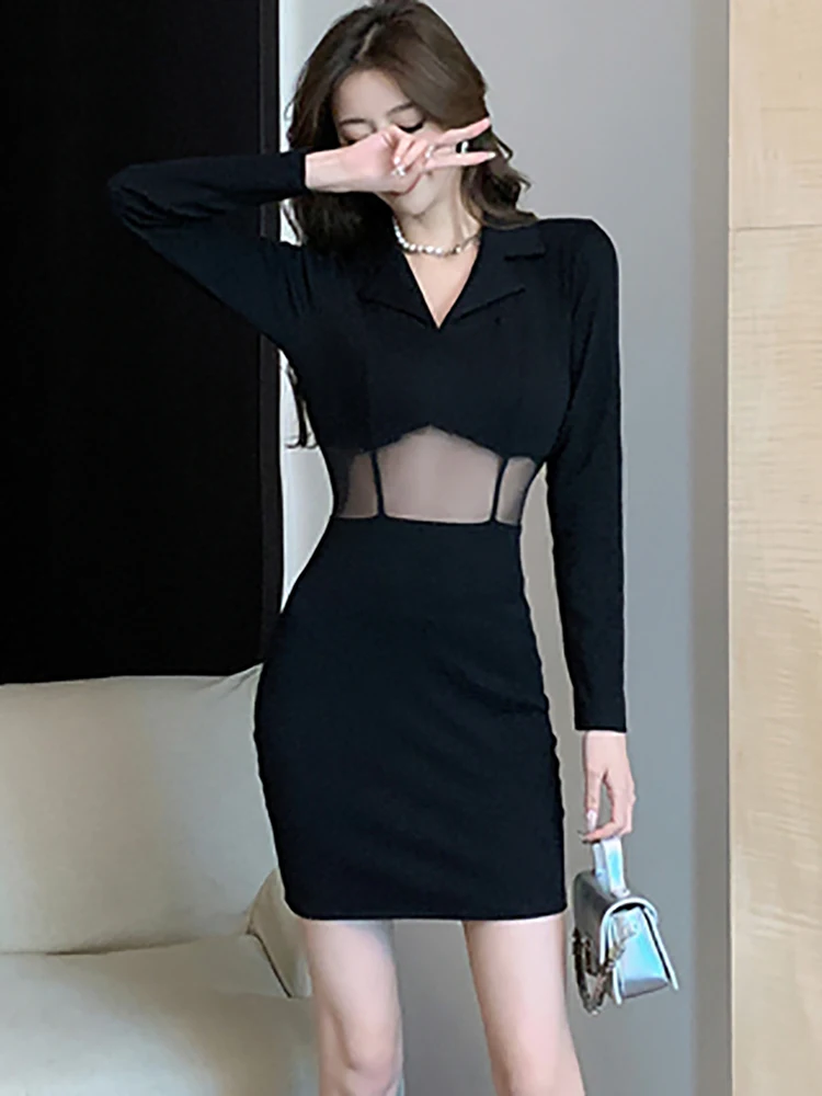 Autumn Winter Black Patchowrk Mesh Hollow Out Sexy Club Dress Women Elegant Chic Short Dress 2024 Korean Vintage Hepburn Dresses