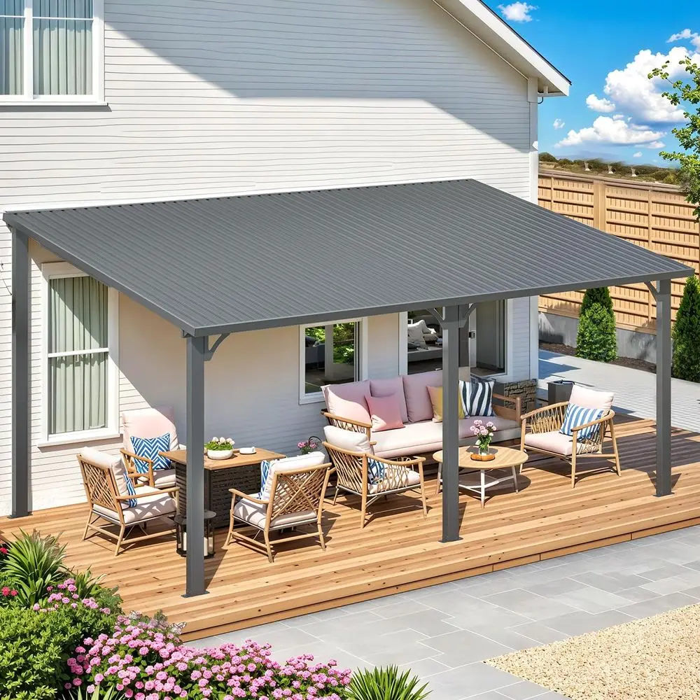 

10' x 16' Outdoor Hardtop Gazebo, Wall-Mounted Pergola Heavy Duty 16x10 Lean to Large Gazebo with Galvanized Steel Patio Roo, Me
