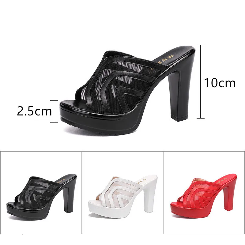 Small Size 32-43 Mesh Red White Wedding Shoes Women Summer Slippers 2022 Outside Office Model High Heels Slides Platform