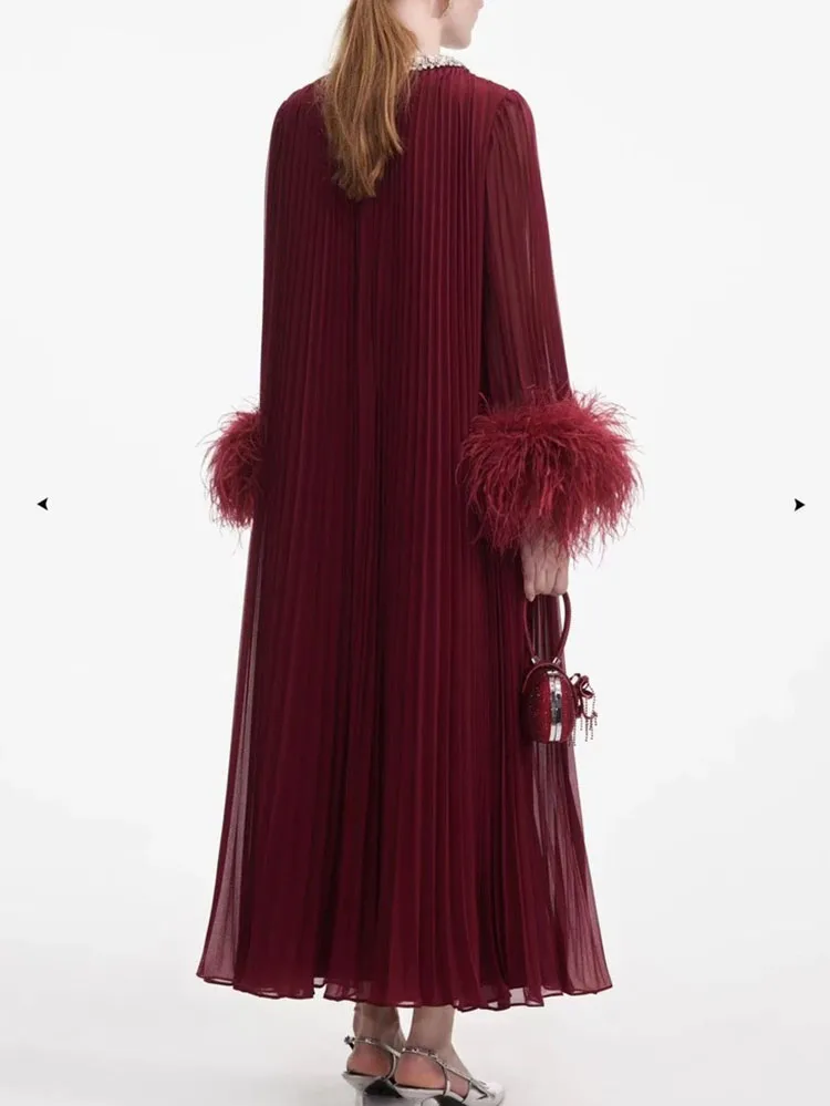 Woman clothingy2k fall and winter diamond embossed pleated patchwork ostrich feather dress long sleeve Dresses2024Party dresses