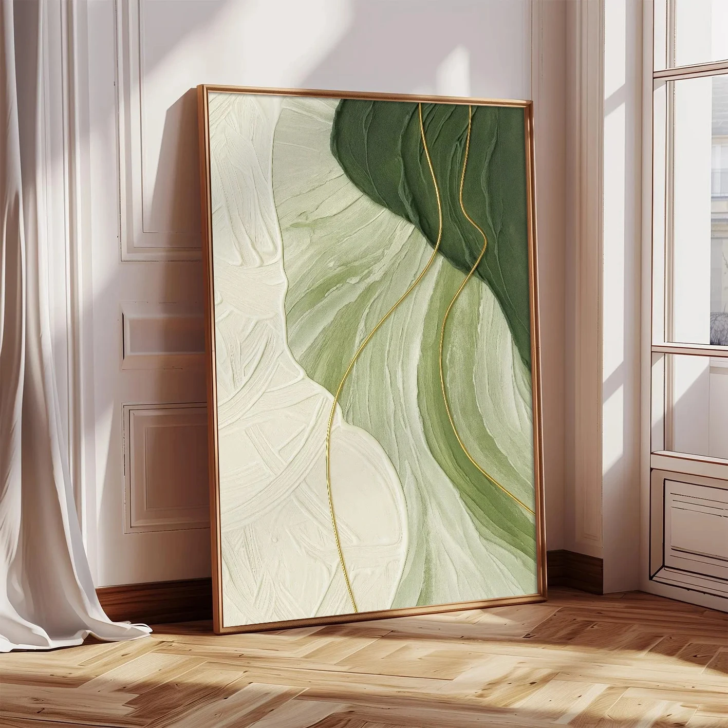 

Minimalist Sage Green and Gold Line Canvas Poster - Home Decor - Three-Dimensional Textured Aesthetic Interior Decor Artwork