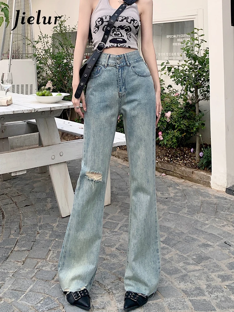 

Jielur Summer Hole Fashion High Waist Wide Leg Jeans Women's Slim Flare Pants Loose Straight Light Distressed Women's Pants