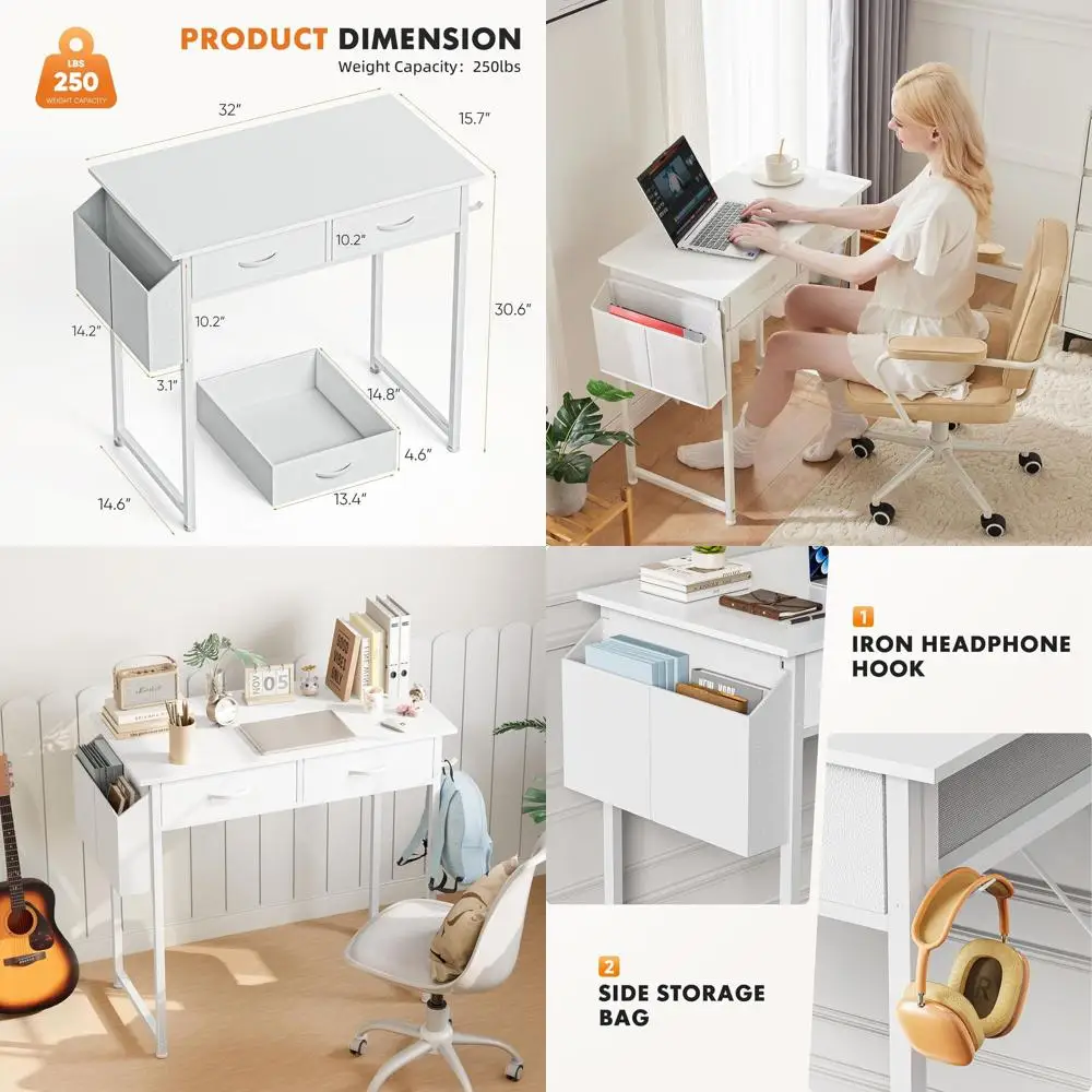 

Compact 32 White Wooden Home Office Desk with Fabric Storage, Drawer Space, Side Bag, and Metal Adjustable Feet
