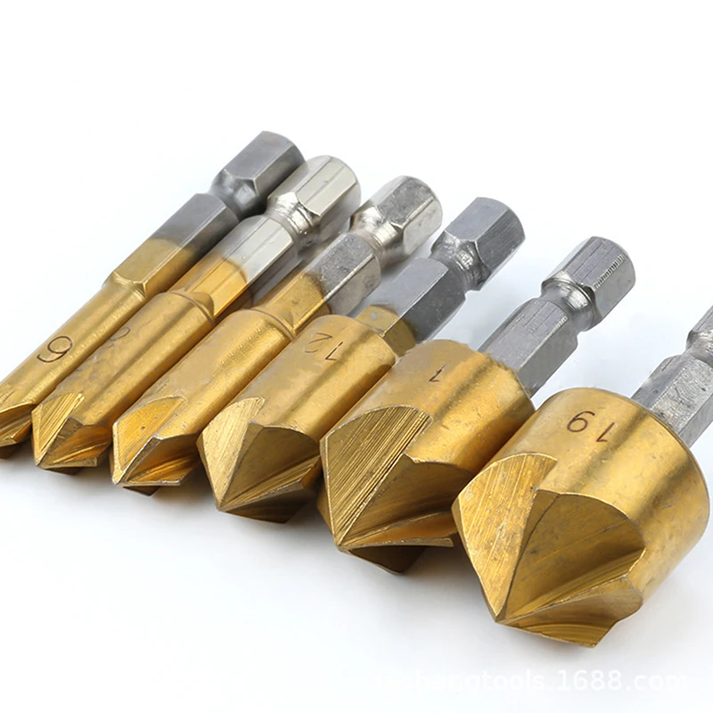 6Pcs Titanium Coating Countersink Drill Bit 1/4'' Hex Shank High Speed Steel 90 Degree Wood Chamfer Cutter 6/8/9/12/16/19mm