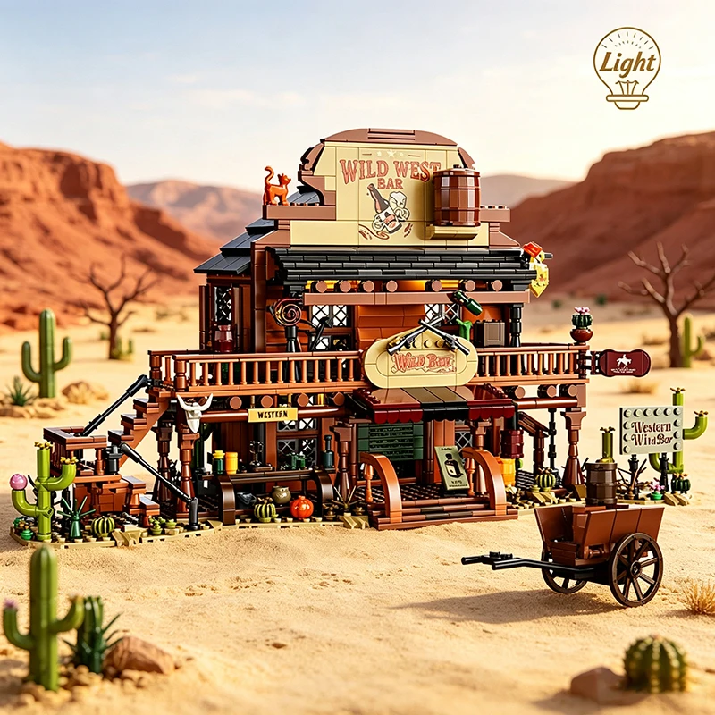 1902 Pieces Western Cowboy Bar Building Blocks LED Light up Construction Bricks Plastic Model Creative Home Decor Gift