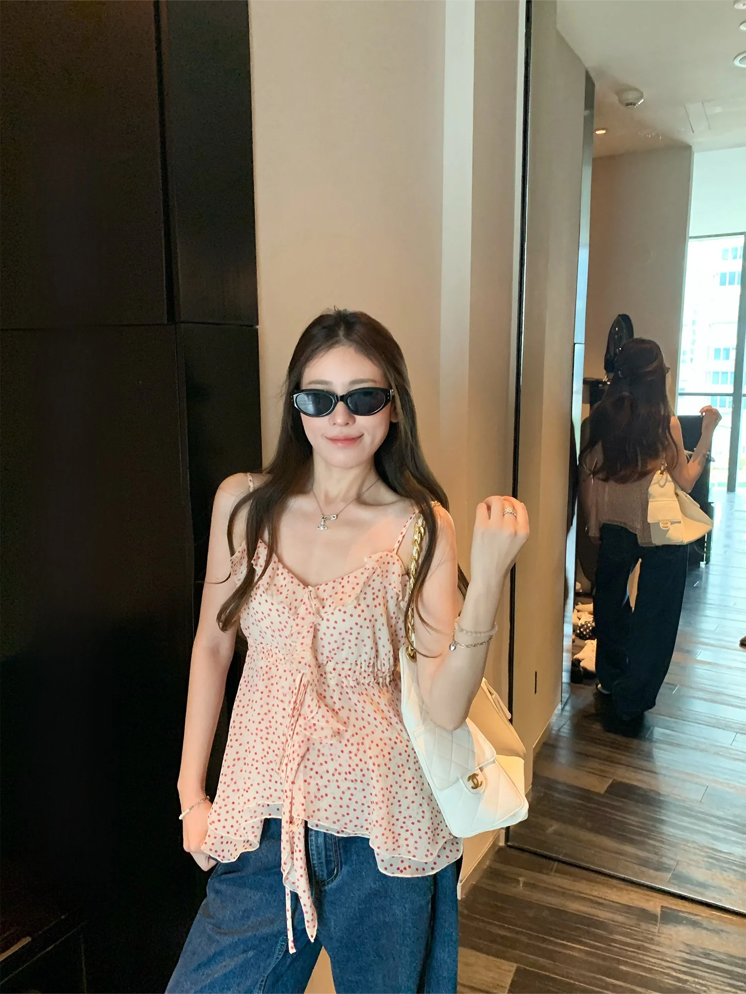 

Hhyii Summer Limited Edition Women's Shirt Casual Loose Fit Wood Ear Design Sleeveless Top plus Size Polka Dot Pattern