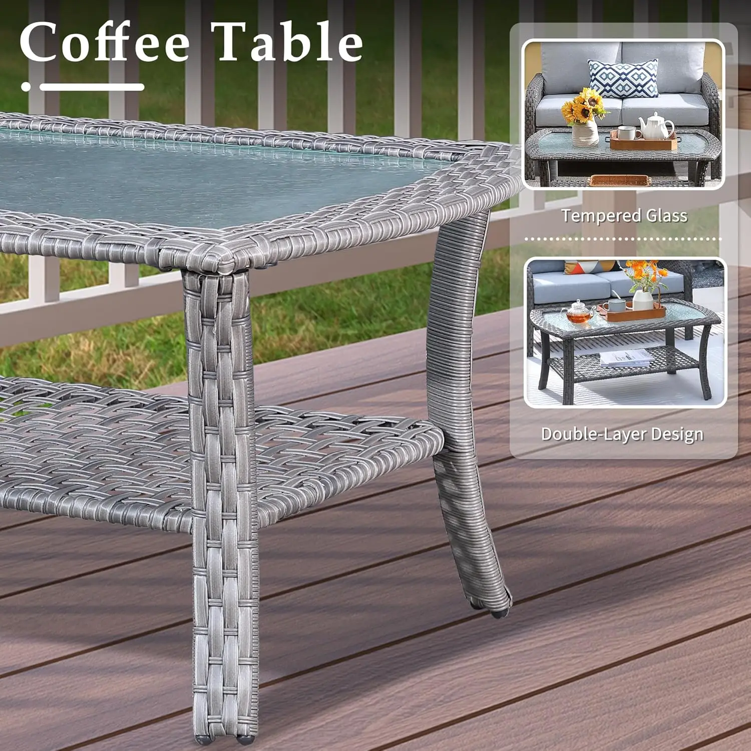 4-Piece Wicker Patio Furniture Set All-Weather Rattan Conversation Bistro Loveseat Chair and Table Set for Balcony Backyard