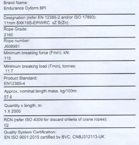 KONECRANES Cranes Wire Rope Brand BRIDON 11mm