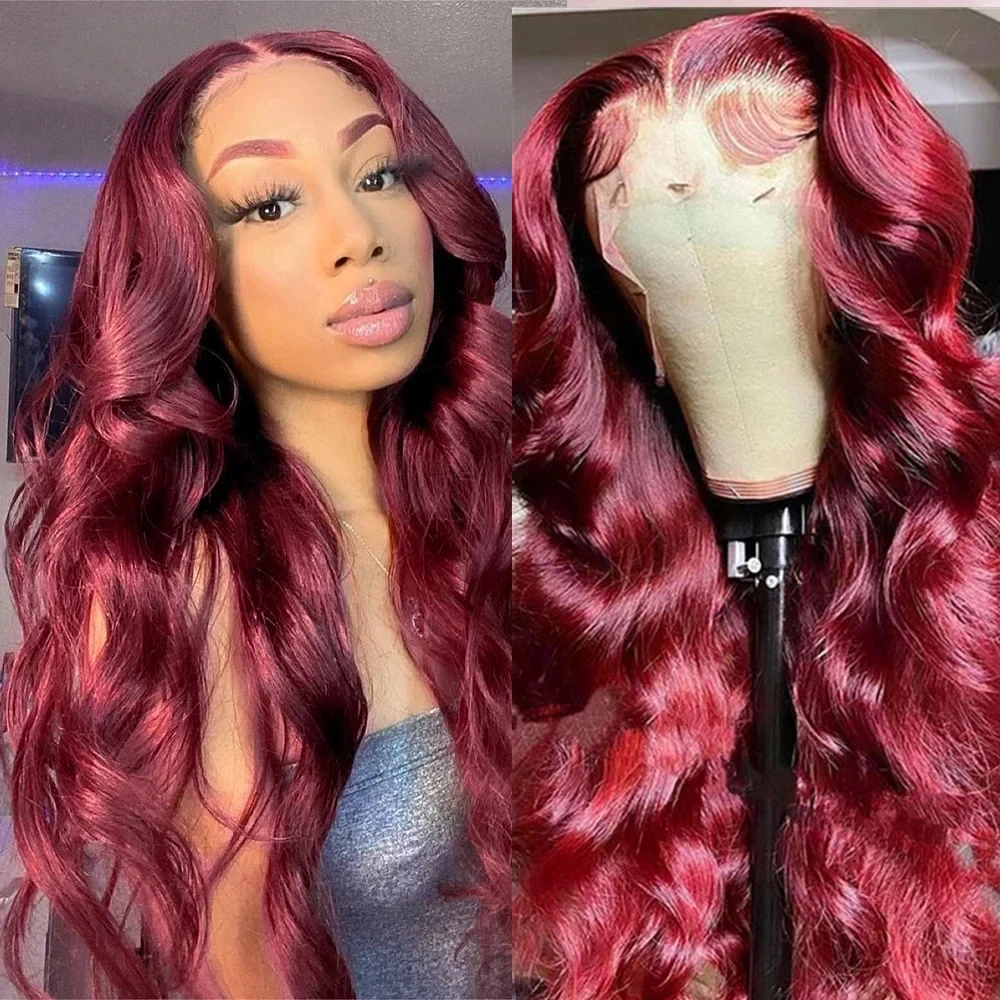 Red Body Wave HD Transparent 99J Burgundy Lace Frontal Human Hair Wigs 180 Density 13x6 HD Lace Front Wig Brazilian For Women