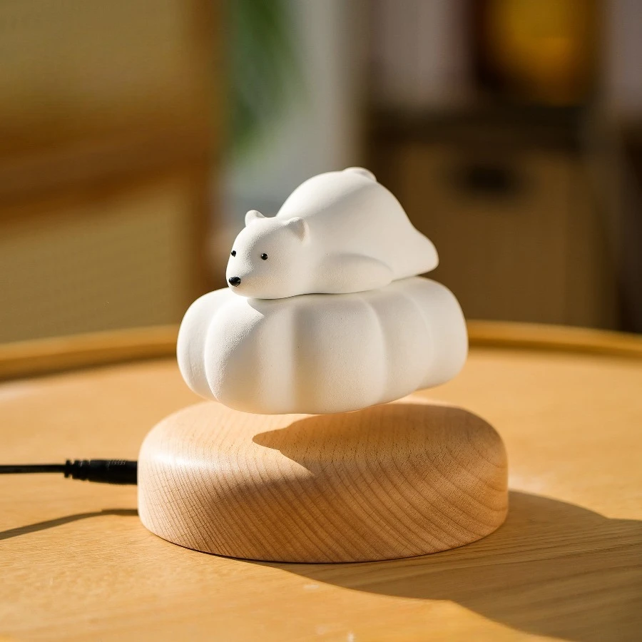 Magnetic Levitation Flying Polar Bear Wooden Figurine Carved Art Toy Rotating Display Stand Home Office Desktop Decor Gift