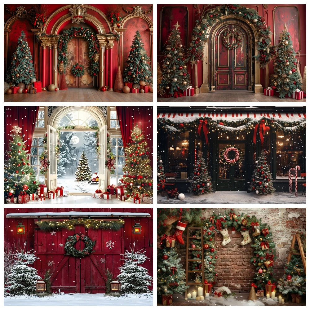 

Red Christma Photography Backdrop Winter Xmas Tree Fireplace Candy Gift Snowman Kid Portrait Family Party Photo Background Decor