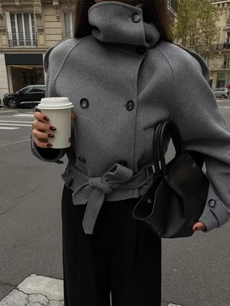 Damska elegancka dwurzędowa kurtka z paskiem, kieszeniami, jednolita, krótka, z wysokim kołnierzem, długimi rękawami, dopasowana, codzienna kurtka damska w stylu streetwear.