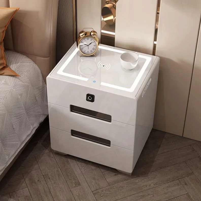 Modern Simple Luxury Square Intelligent Bedside Table with Wireless Charging Function and Fingerprint Lock