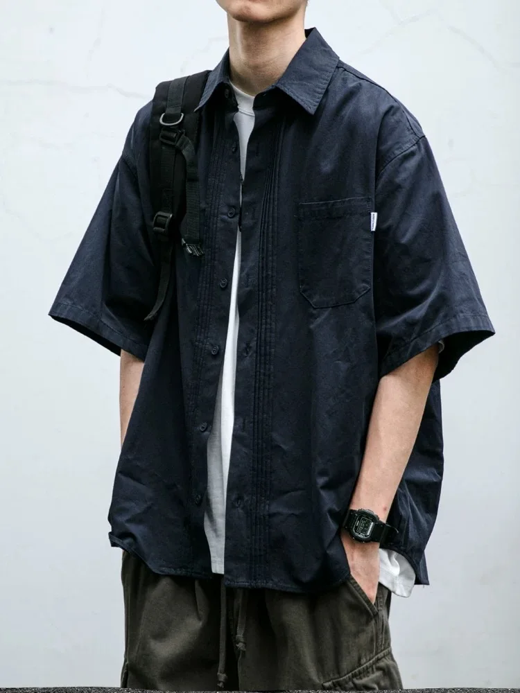 

American Retro Workwear irt ort Sve Casual Collar Men's Youth Summer New Sle Loose Fit Regular Length Button down