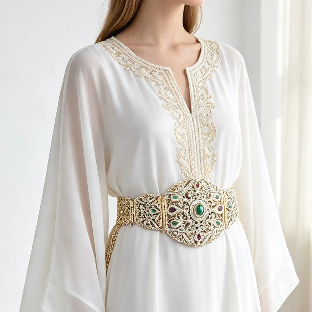 Sunspicems Goldfarbener Marokkanischer Kaftan-Gürtel mit Strasssteinen, Hohlfiligran, Algerische Damen-Taillenkette, Arabischer Brautschmuck für Hochzeiten – Detail 1