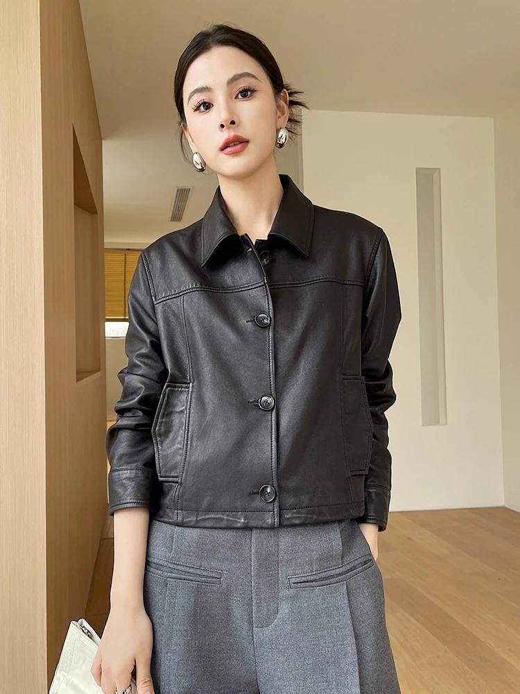 

Casual Short Genuine Leather Jackets for Women Spring Autumn 2026 High-end Simple Single Breasted Soft Black Real Sheepskin Coat