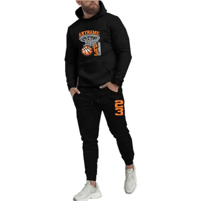 

Autumn Men Hoodie Casual 2PC Sets Trend Top Long Pants Warm Sweatshirts Street Fashion Printed Sports Suit Pocket Black Spring
