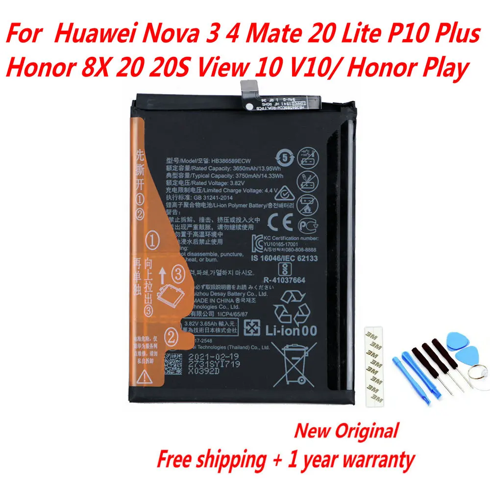 Original 3750mAh HB386589ECW Battery For Huawei Nova 3 4 Mate 20 Lite P10 Plus/ Honor8X 20 20S View 10 V10/ Honor Play