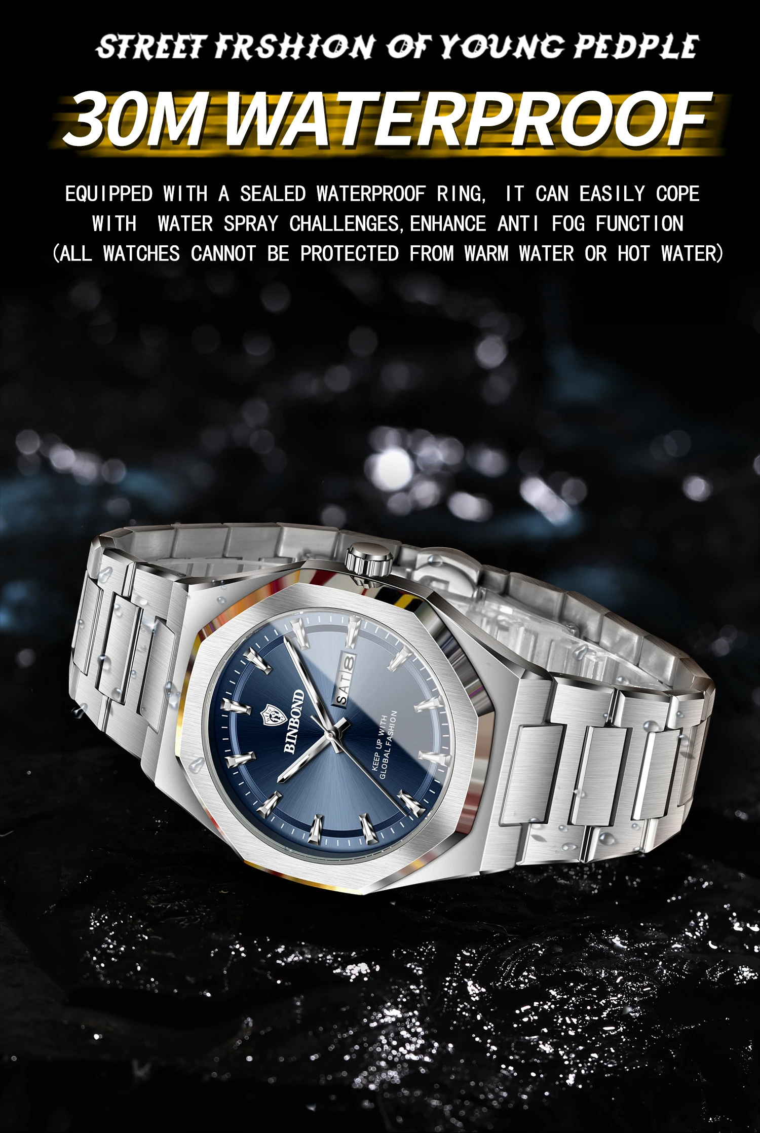 BINBOND nuovo orologio da uomo casual di alta qualità, colore di vendita caldo, orologio con funzione di visualizzazione del doppio calendario luminoso impermeabile, stainl