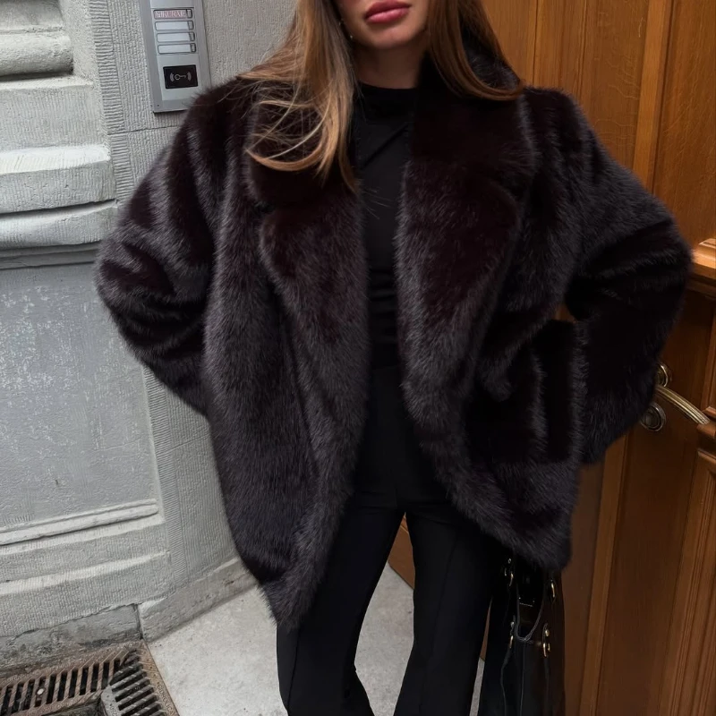 TARUXY الفاخرة فو الفراء التلبيب معطف المرأة أنيقة الصلبة فضفاض الدانتيل متابعة الترفيه سترة الشتاء موضة الإناث الدفء معطف الفرو #4