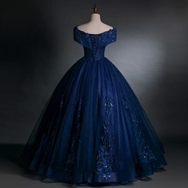 Vestido De baile azul marino con hombros descubiertos para quinceañera, traje Formal con apliques De cuentas para 15 años, fiesta De cumpleaños De princesa