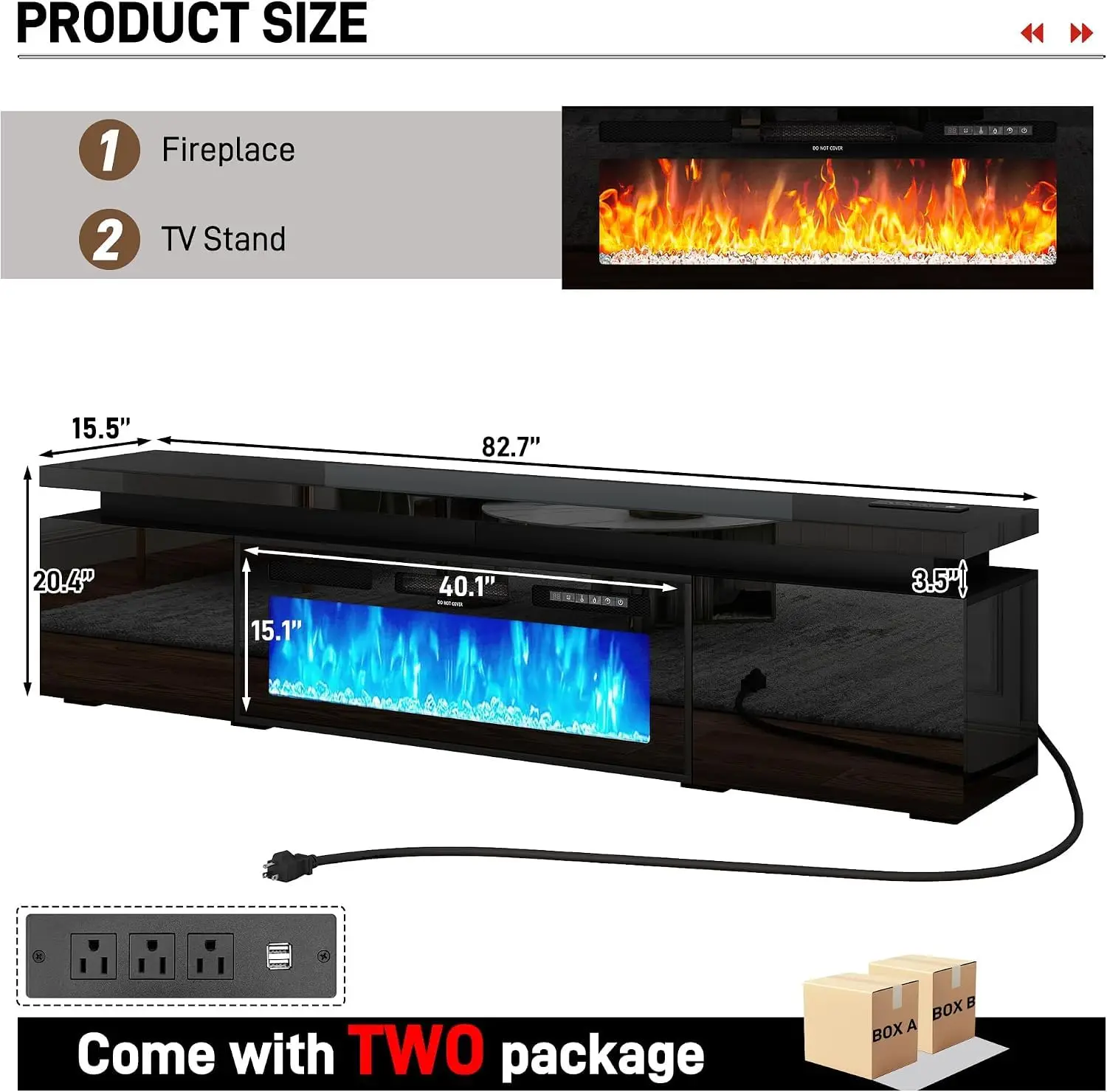 LED TV Stand with Electric Fireplace & Power Outlet, High Gloss Storage Cabinet for Living Room 83 Inch Black, Customized