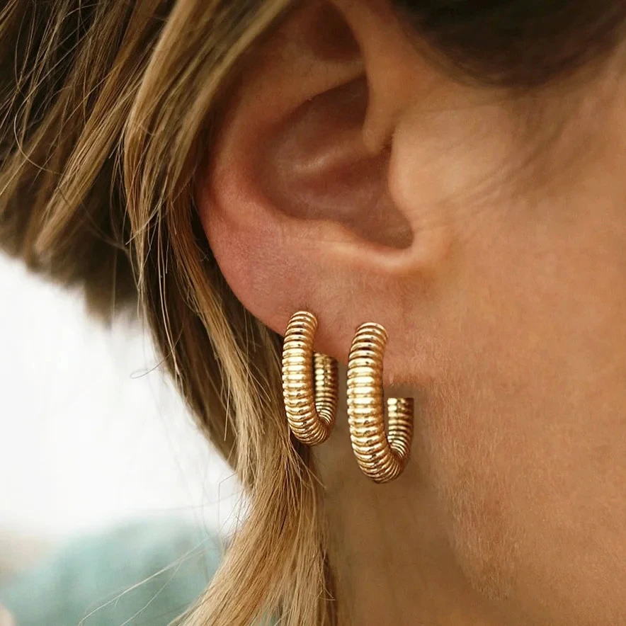 Fashion Gold Plated Textured Round Circle Huggie Hoop Earrings for Women Geometric Piercing Ear Buckle Small Hoops Jewelry Gift