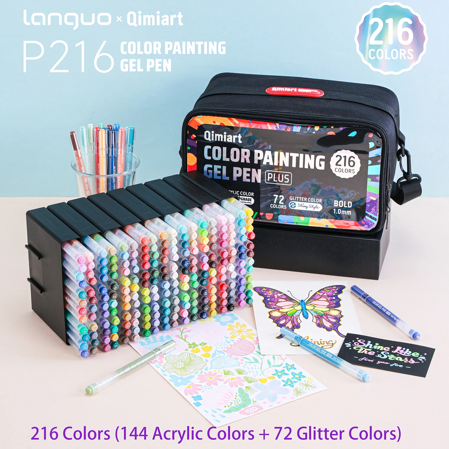 216 Colors (144 Acrylic Colors + 72 Glitter Colors) Painting Gel Pen Set 1.0mm Fine Tip Journal Pen Plus Colored Fluorescent Gel Pens for Doodling, Hand-Drawn Posters, Watercolor Pens with Large Capacity, Strong Three-Dimensional Effect/Stark Color Overlay, Suitable for Journals, Greeting Cards, DIY Art Creations