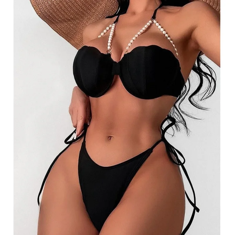 

Женское бикини с жемчужной цепочкой и лямкой на шее, однотонное сексуальное микро-бикини на шнуровке, комплект из двух предметов, пляжная одежда для отдыха и вечеринки, купальник