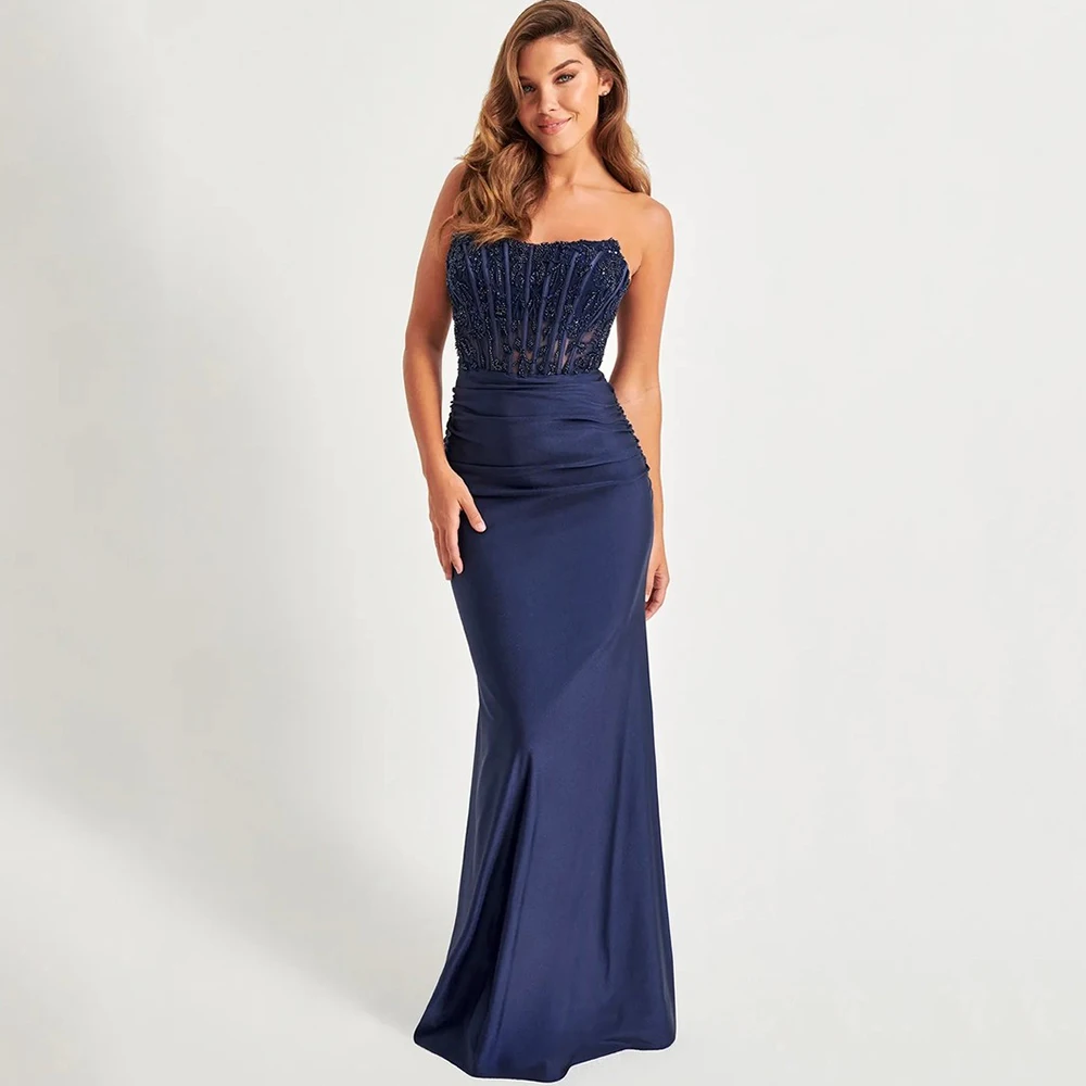 Navy Blue Strapless Evening Dress with Beading and Pleat Mermaid Floor Length Sexy Backless Women Banquet Customized Gowns
