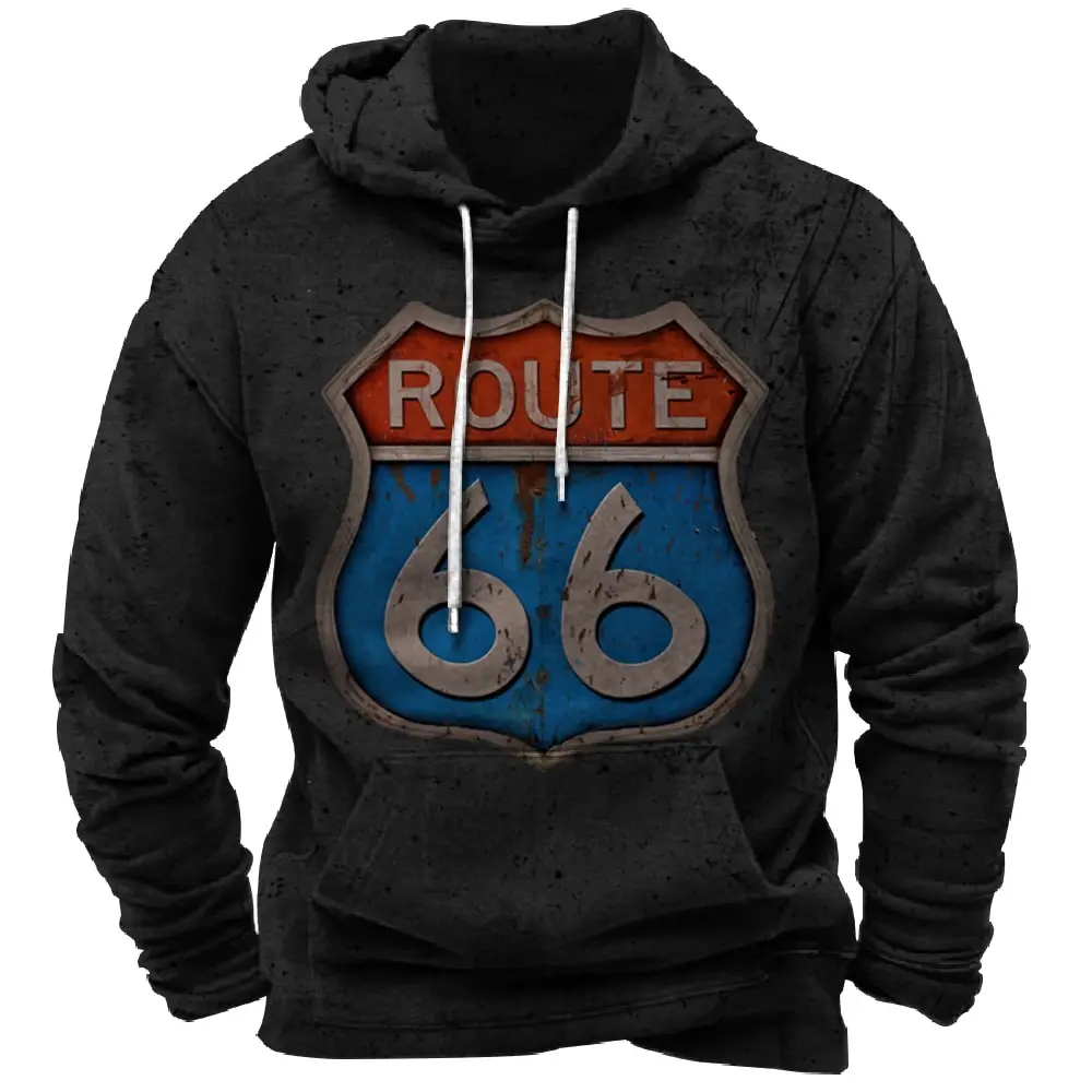 Route 66 Men\'s Hoodie Casual Pullover 3D Printed Pattern Sweatshirt Vintage Men\'s Clothing Autumn Winter Tops 2024 New Outerwear