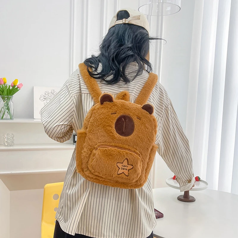 Capybara Plush Backpack Kawaii Fashion Plushie Doll Fur Bag Shoulder Bag Casual Capibala Cartoon Bag Gifts For Children