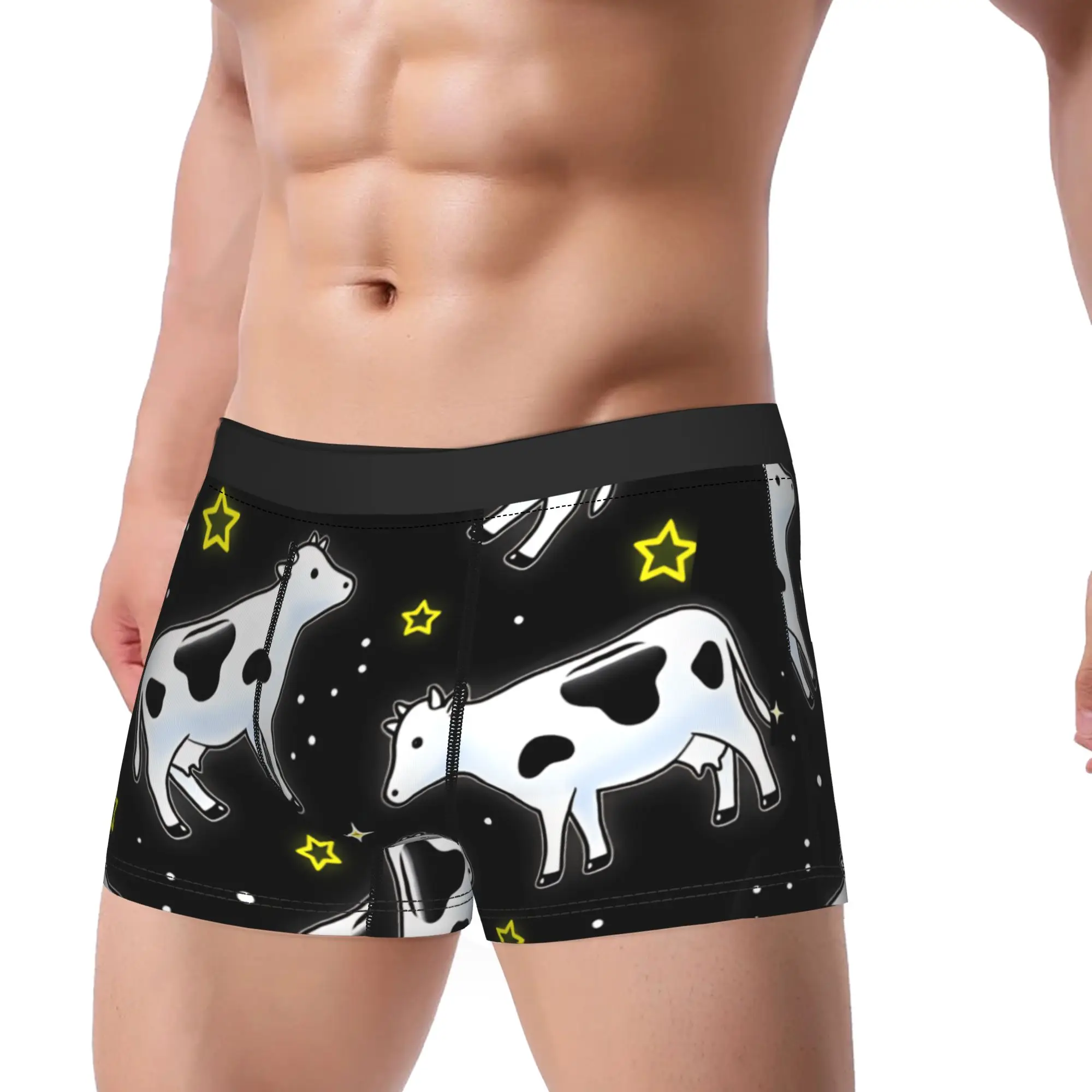 Neon Star Cute Cow On Black Background Underwear  Men Underpants Pattern Funny Boxershorts Hot Sale Shorts Briefs Plus Size