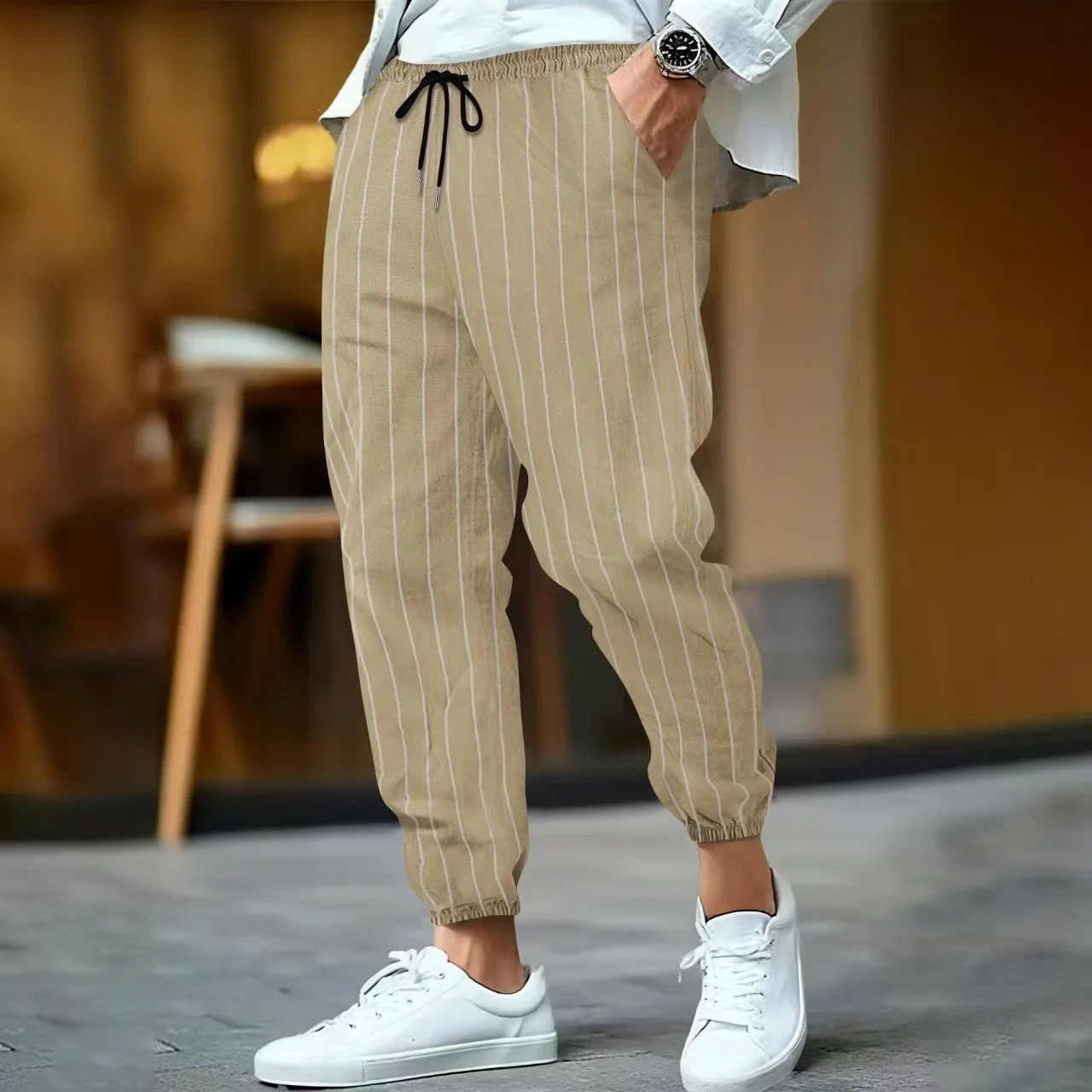 New Casual Men's Simple And Versatile Striped Cotton And Linen Loose And Breathable Fashion Sports Trousers