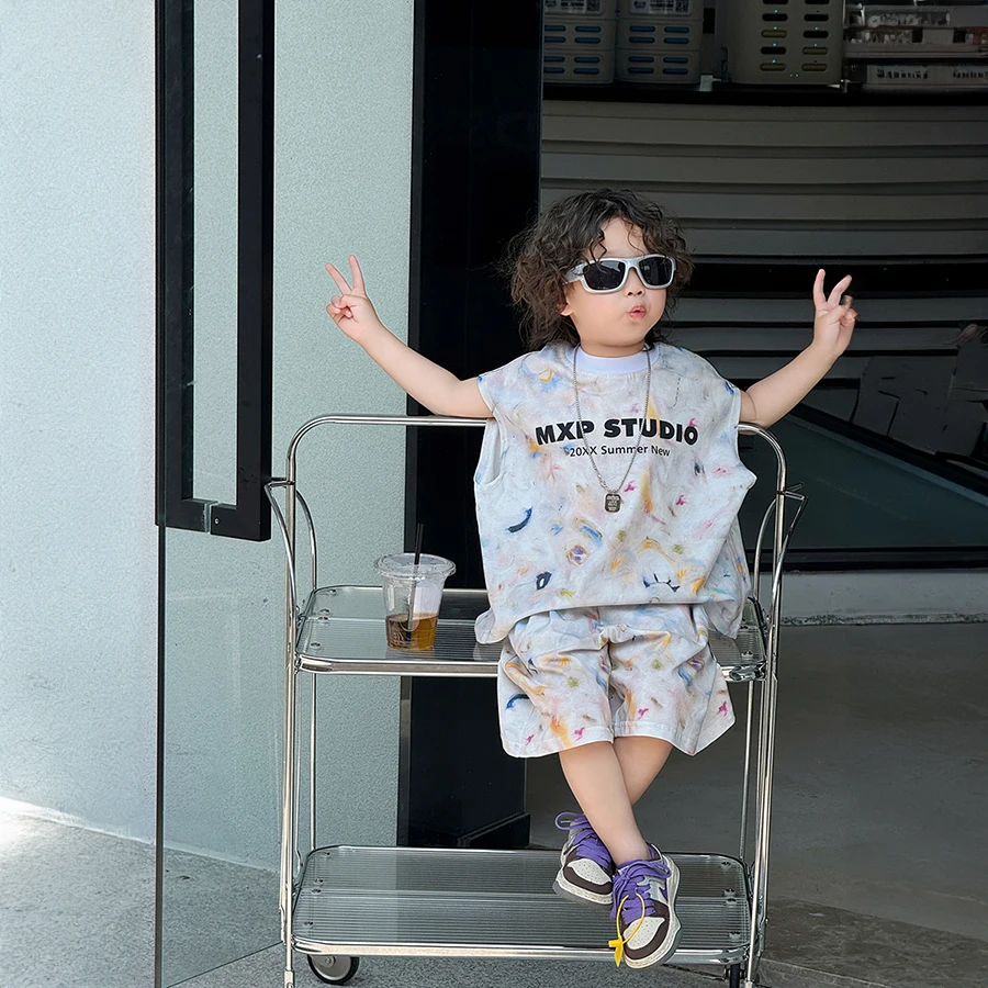 Terno de colete sem mangas fino infantil, impressão a cores e tingimento, versão coreana de roupas infantis, verão