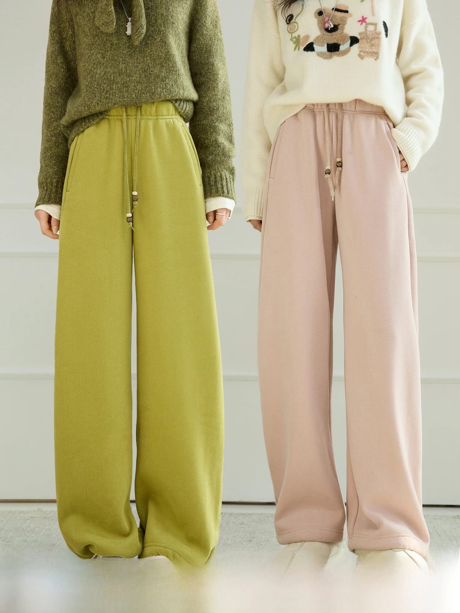 

Женские повседневные брюки с широкими штанинами на флисовой подкладке, с завязками на талии, хлопковые, весенние, утягивающие, удобные, прямого кроя